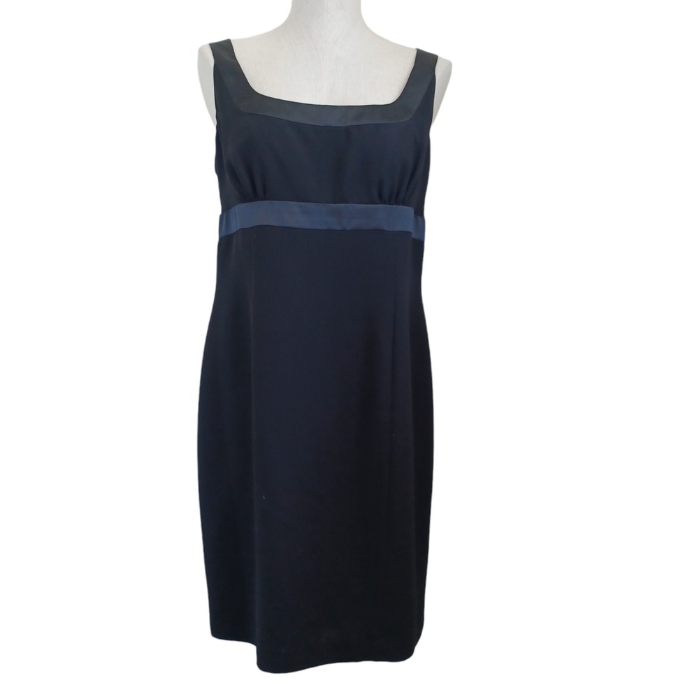 Evan Picone Black Sleeveless Sheath Dress Square Neck Satin Trim Empire Waist 14